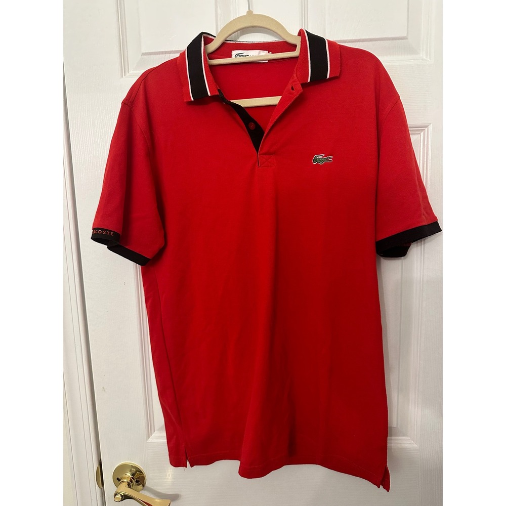 Lacoste Mens Red Short Sleeve Polo Shirt XXL Striped Collar Logo Pique Tee